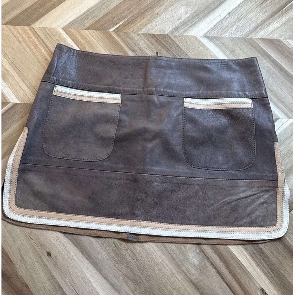 Animale Lambskin Leather Skirt Contrast Trim Brown/Cream/Beige Wmn 4P Side Slits